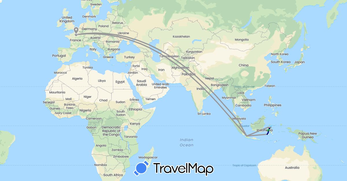 TravelMap itinerary: driving, bus, plane, boat, motorbike in France, Indonesia, Malaysia (Asia, Europe)